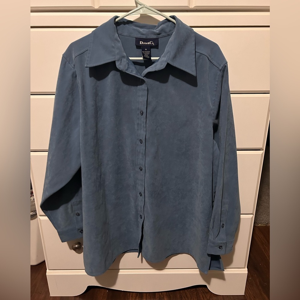 Denim&Co Classic Blue Faux Suede Button Down Shirt‎